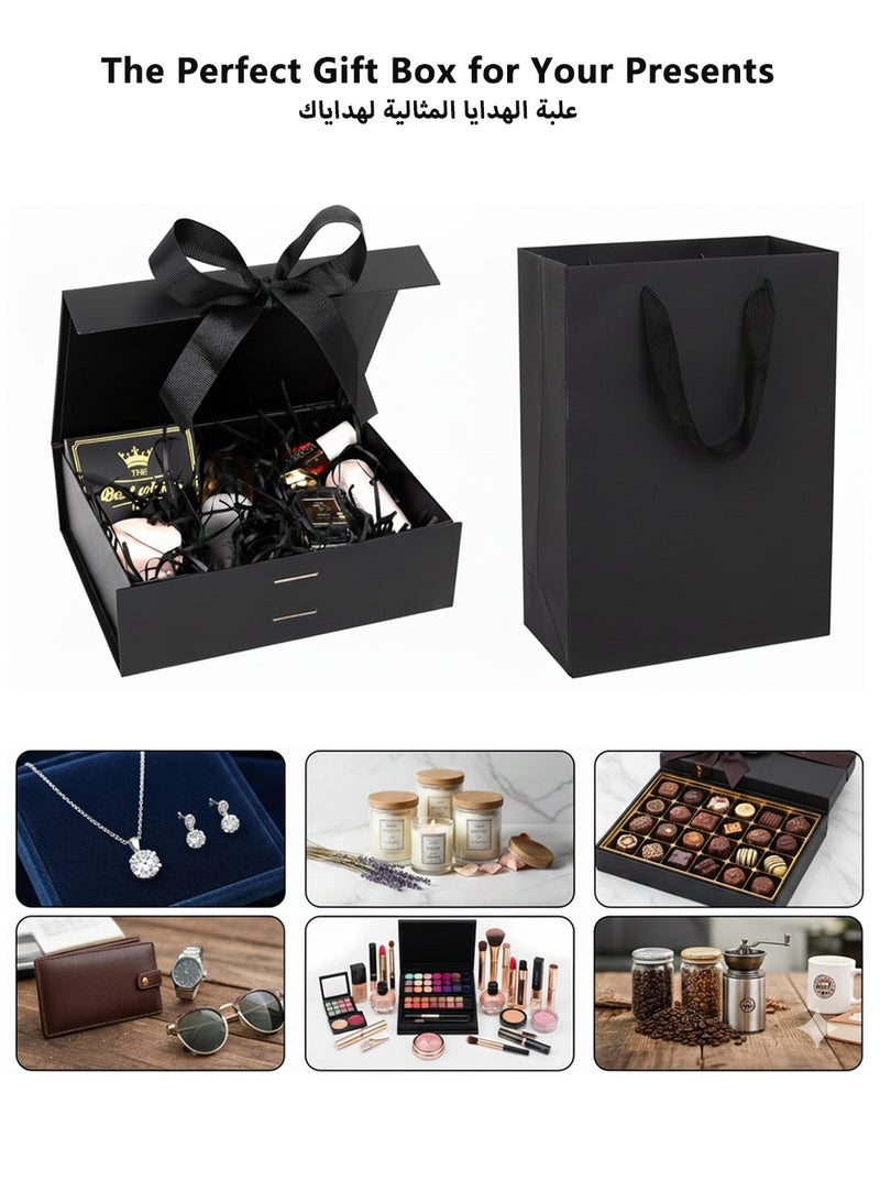 صندوق هدايا أسود فاخر مغناطيسي قابل للطي (29×22×10.5 سم) – مع حقيبة هدايا، شريط، رافيا وبطاقة تهنئة، مثالي لأعياد الميلاد والزفاف وعيد الحب والكريسماس - Image 3